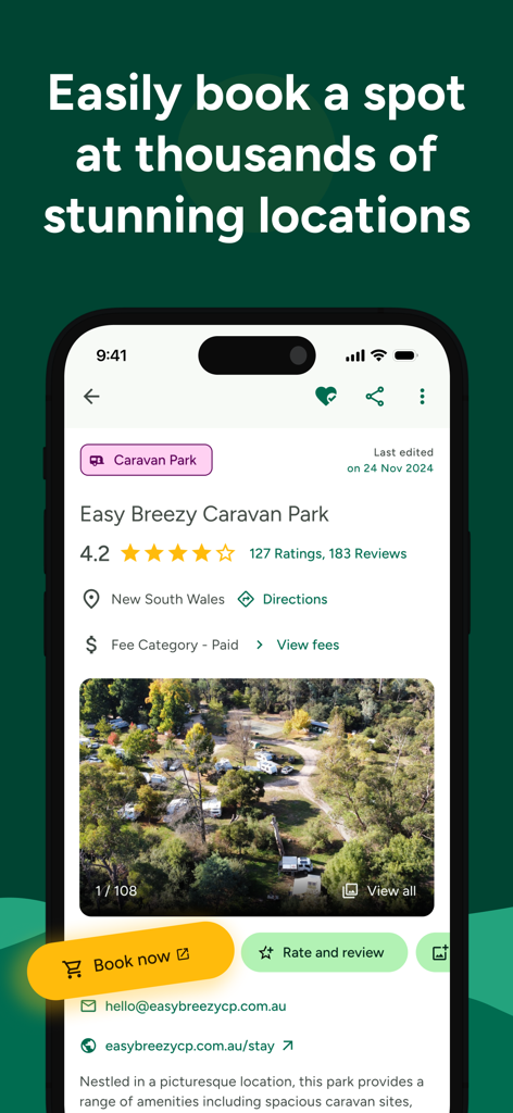 WikiCamps Australia app interface showing caravan park details and booking options