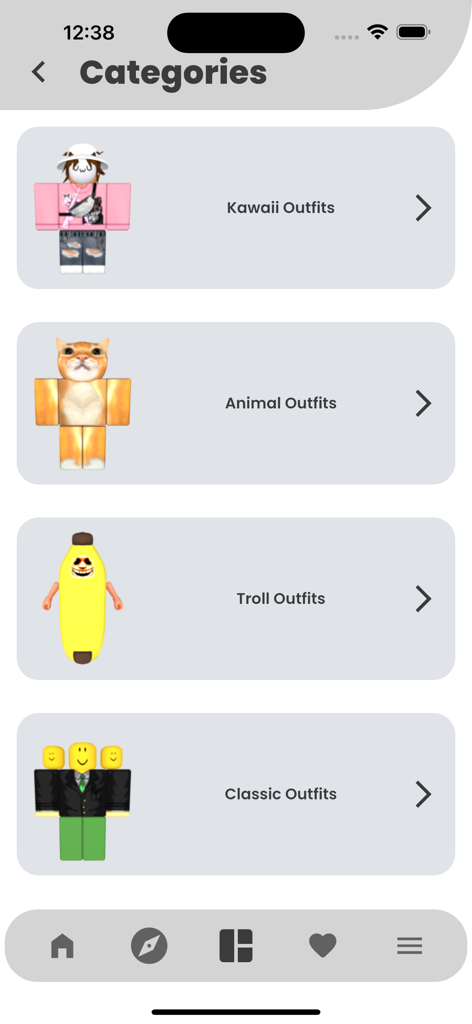 Outfit Ideas For Roblox - Una pantalla que muestra diferentes categorías de atuendos de avatar de Roblox como Kawaii, Animal, Troll y Clásico.