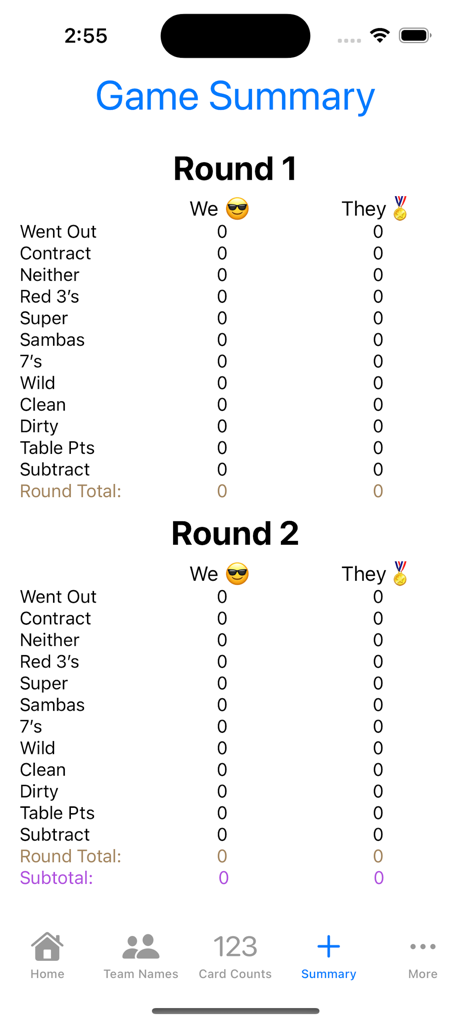 Super Samba Scoring - Pantalla de resumen de la partida de Samba que muestra las puntuaciones de dos rondas en diferentes categorías de puntos