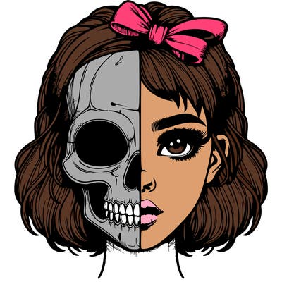 realistic girl with half skull mask