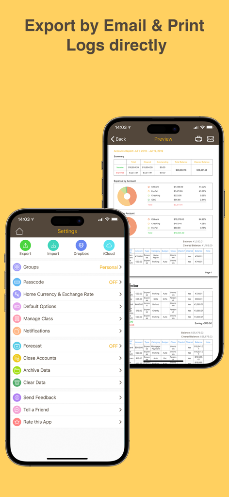 Money Monitor: Expense Tracker - A screenshot of the Money Monitor app showing the settings menu and a preview of a detailed financial report with a pie chart.