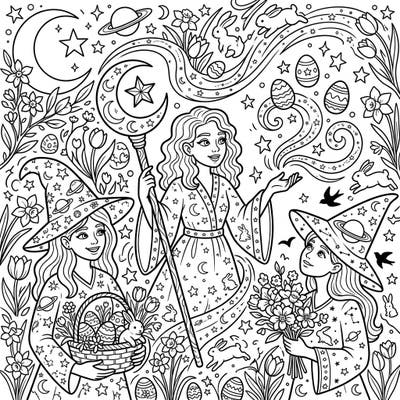 Dive into a whimsical world where cosmic magic meets springtime joy with our Celestial Witches Easter coloring page. Discover enchanting figures, playful bunnies, and mystical eggs, ready for your artistic touch this festive season.