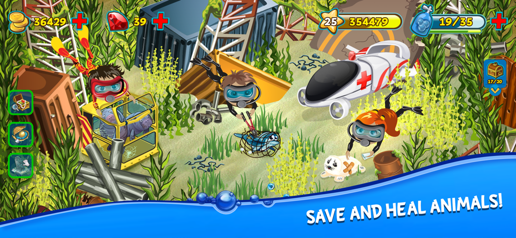 Treasure Diving - Buzos rescatando y curando animales submarinos en el juego móvil Treasure Diving
