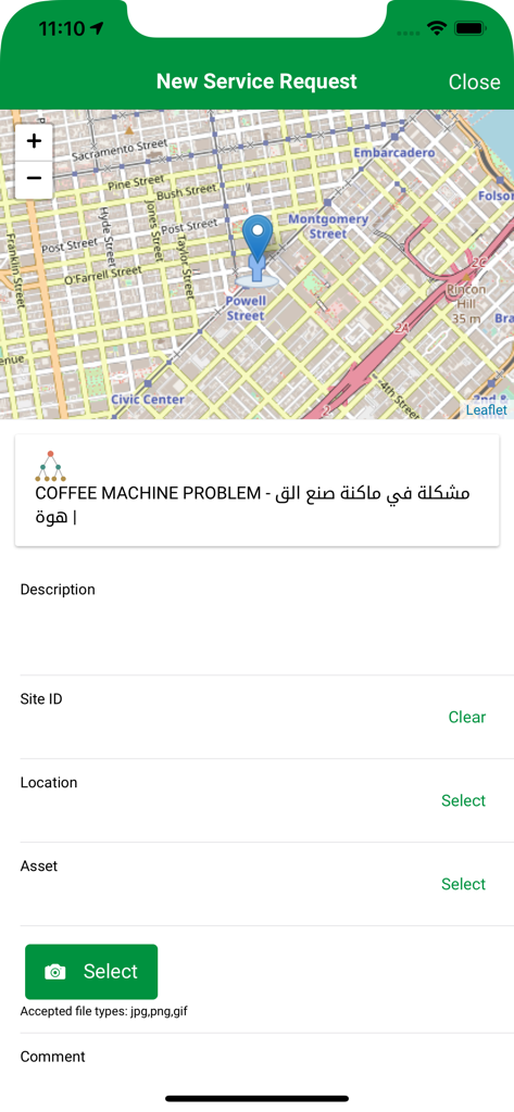 Jazan SR - Jazan SR app screen for submitting a new service request with a map and description fields