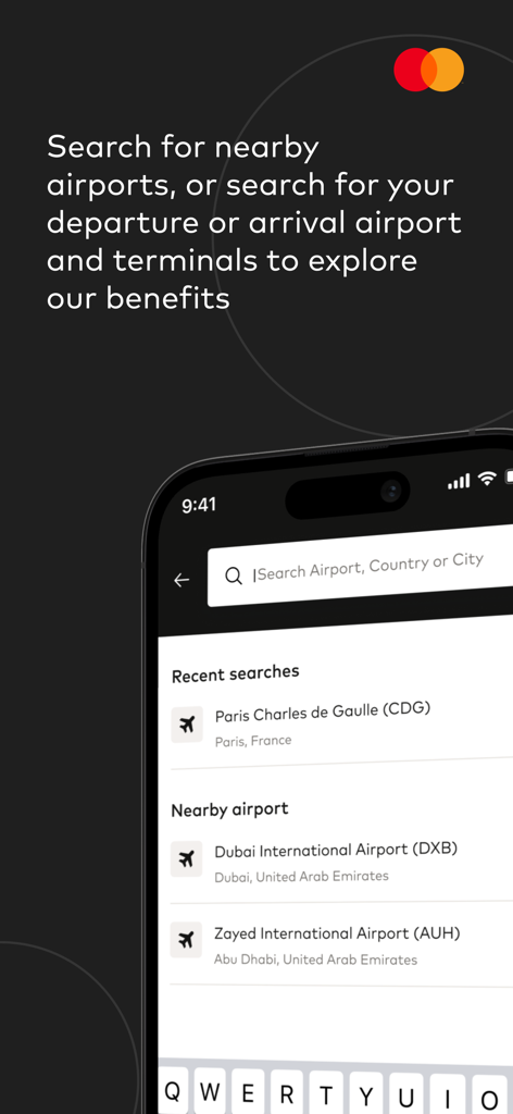 Interfaz de la aplicación Mastercard Travel Pass mostrando la funcionalidad de búsqueda de aeropuertos con listados de aeropuertos recientes y cercanos