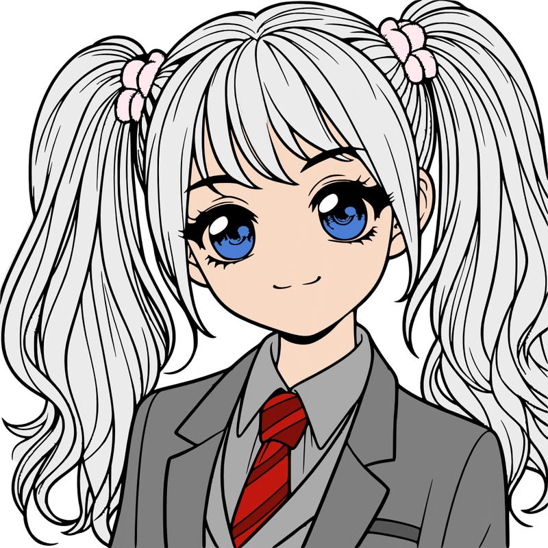 realistic girl with two ponytails and a suit on