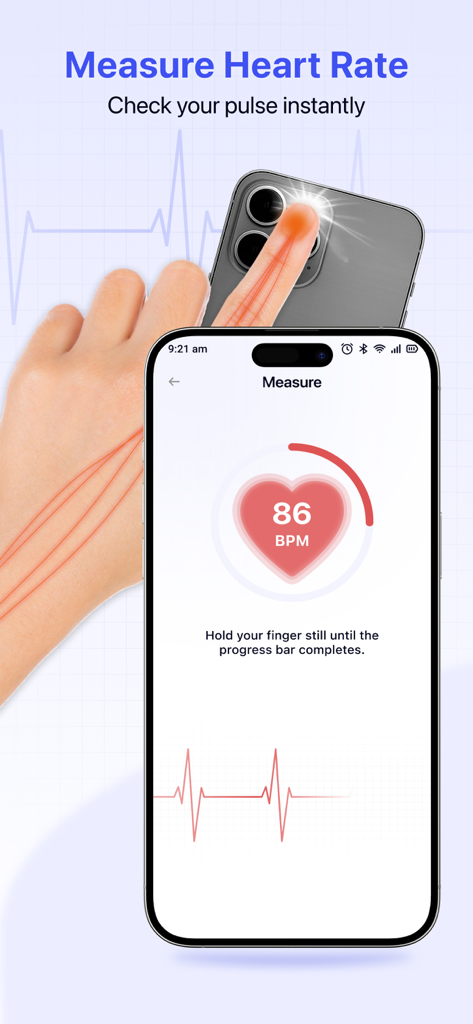 Blood Pressure - Heart Rate - Una persona utilizando la cámara de un iPhone para medir su frecuencia cardíaca con una aplicación de seguimiento de pulso que muestra 86 BPM.