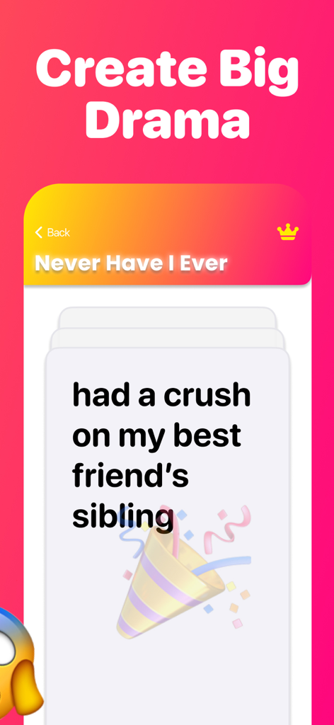 Exposed - Never Have I Ever - A game card in the Exposed app asking a Never Have I Ever question about a crush on a best friend's sibling.