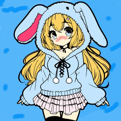 pretty anime girl wearing a fluffy hoodie with bunny ears on the hood and a skirt