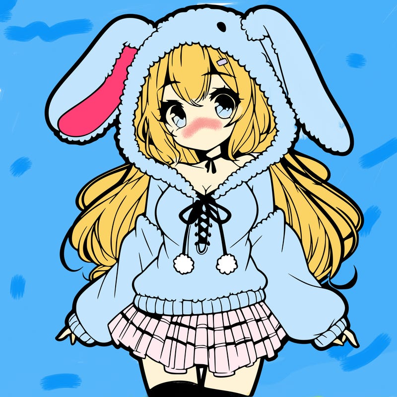 pretty anime girl wearing a fluffy hoodie with bunny ears on the hood and a skirt