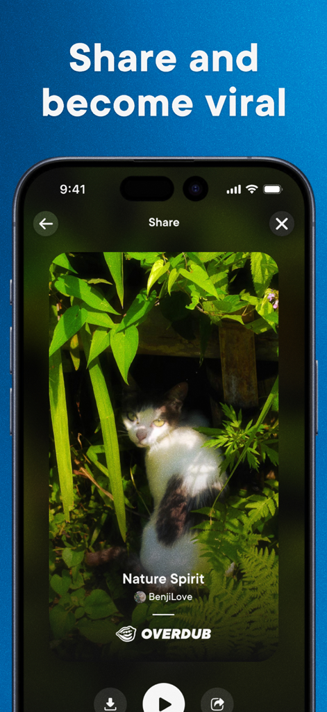 AI Music Generator - Overdub - Smartphone screen showing the Overdub app share interface with the text Share and become viral and a track titled Nature Spirit