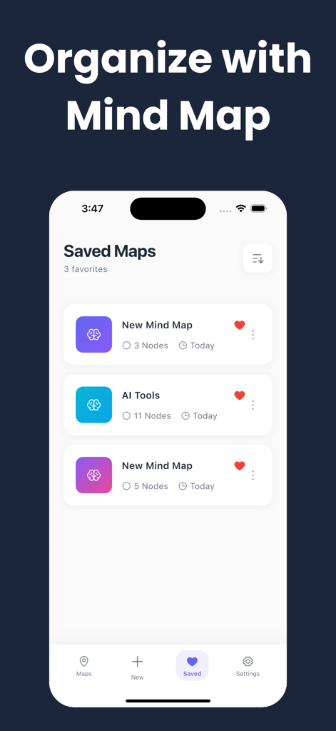 Schermata delle mappe salvate dell'app Mind Map AI Powered che mostra un elenco di progetti organizzati su un'interfaccia iPhone