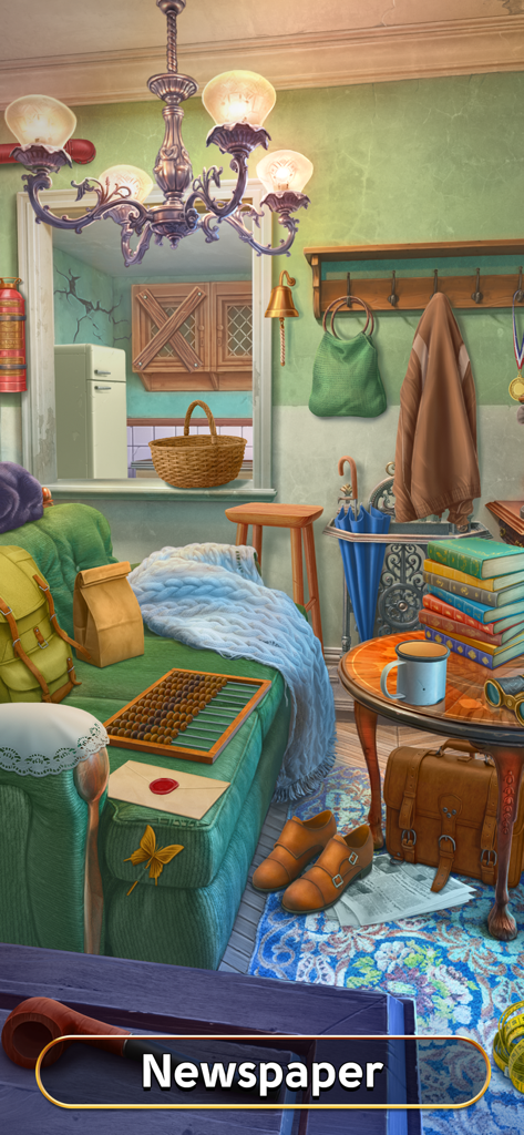 Una detallada escena de objetos ocultos en una habitación de estilo años 20 con una indicación para encontrar un periódico.