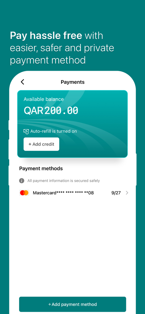 Secure digital wallet and credit card payment interface in the Karwa taxi app.