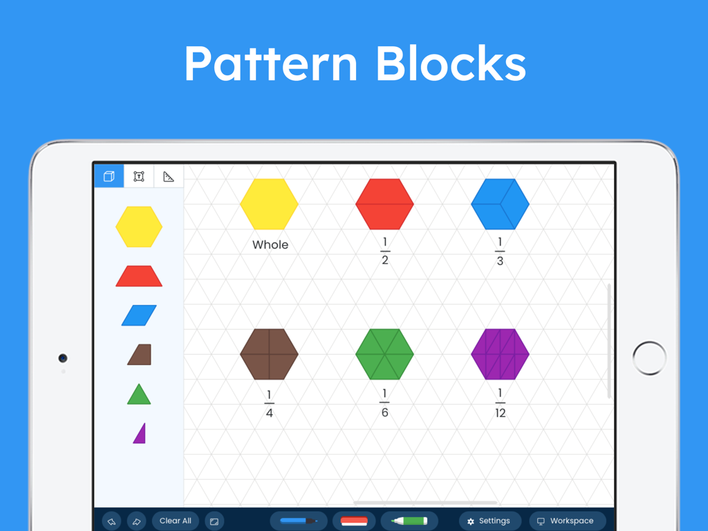 Brainingcamp app displaying digital pattern blocks used for teaching fractions on an iPad
