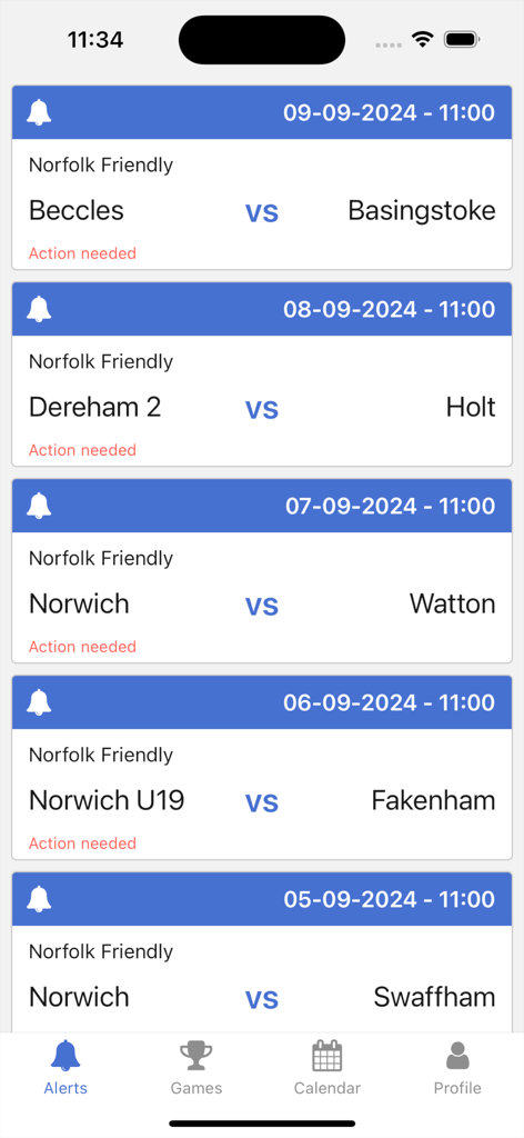 WhosTheRef app alerts screen showing a list of sports game assignments requiring action.