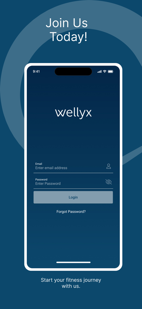 Wellyxフィットネス＆ウェルネス管理アプリのログイン画面