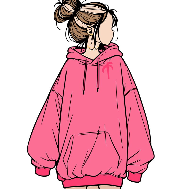 realistic girl with a oversized sweatshirt on and a bun