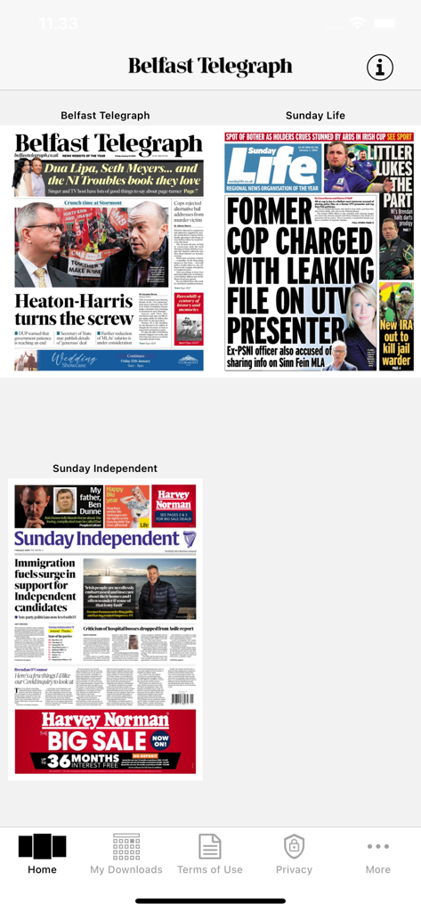 Home screen of the Belfast Telegraph ePapers app displaying digital front pages of various Northern Irish newspapers.