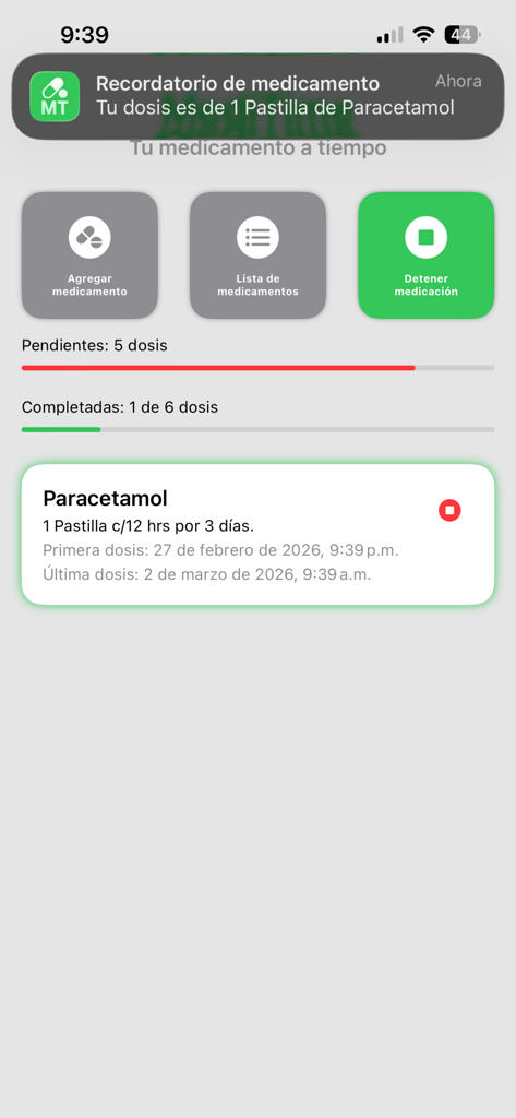 MediTime - MediTime App-Dashboard mit Medikamenten-Fortschrittsbalken und einer Paracetamol-Erinnerungsbenachrichtigung