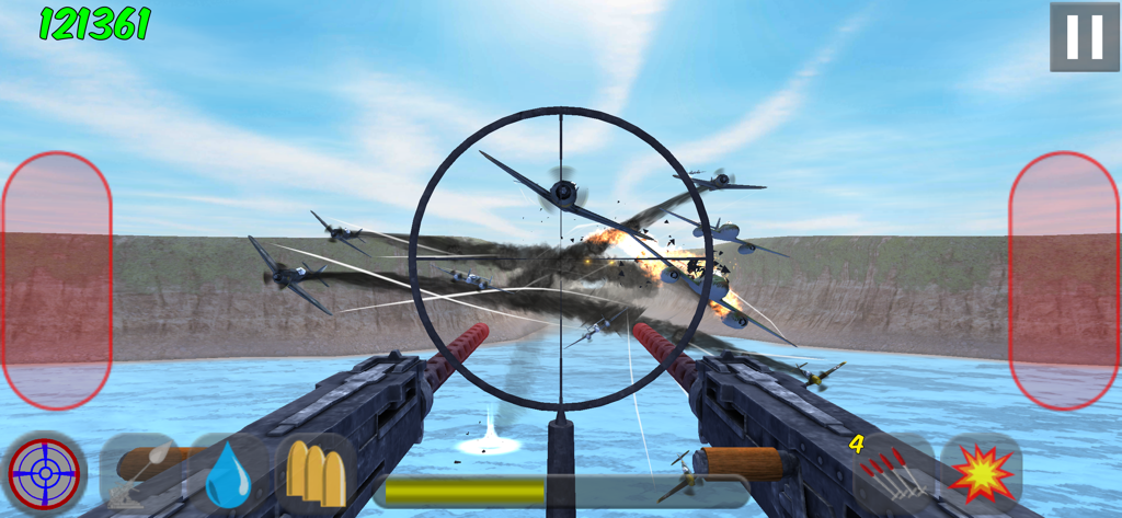 Tail Gun Charlie gameplay showing a first person view of a tail gunner shooting down enemy Axis planes