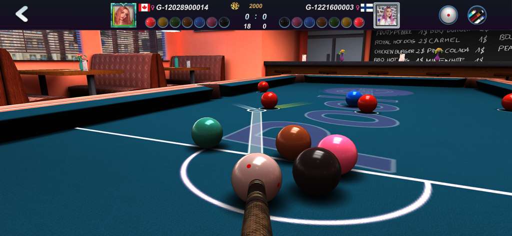 Realistic 3D snooker gameplay in Real Pool 3D 2 showing the pool table and balls