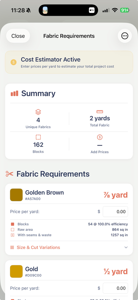 Quiltler 3 app screen showing fabric requirements summary and cost estimation for a quilting project.