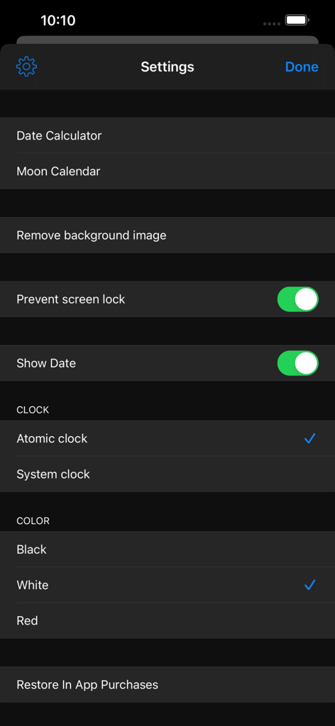 Atomic Clock PRO - User settings interface for Atomic Clock PRO displaying time source selection and display customizations.