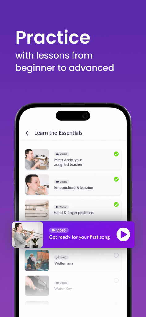 Learn Trombone - tonestro - Smartphone screen showing trombone learning lessons from beginner to advanced with video tutorials
