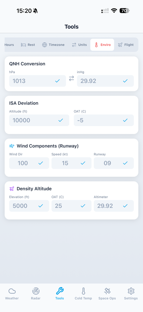 SkyPilot Pro app interface showing aviation calculators for QNH conversion, ISA deviation, wind components, and density altitude