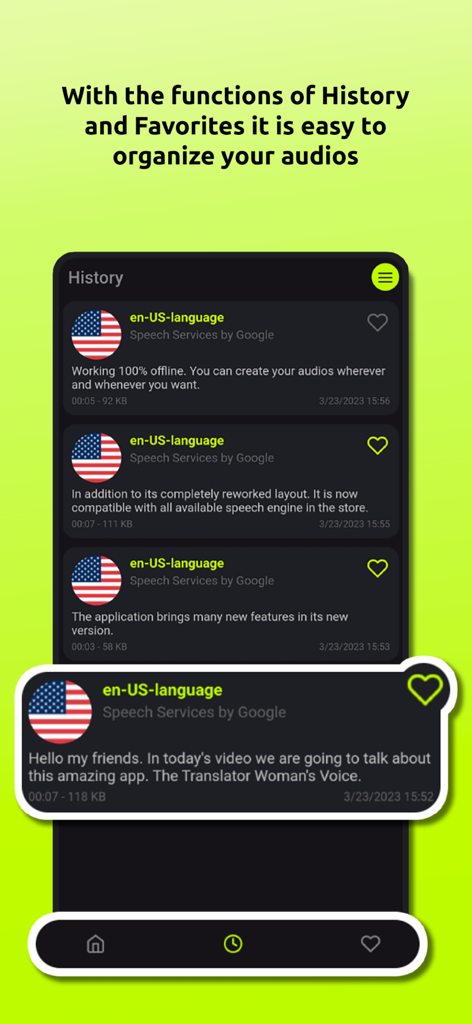 Uno screenshot dell'app Voce Donna Traduttore che mostra l'elenco cronologia e preferiti per file audio organizzati.