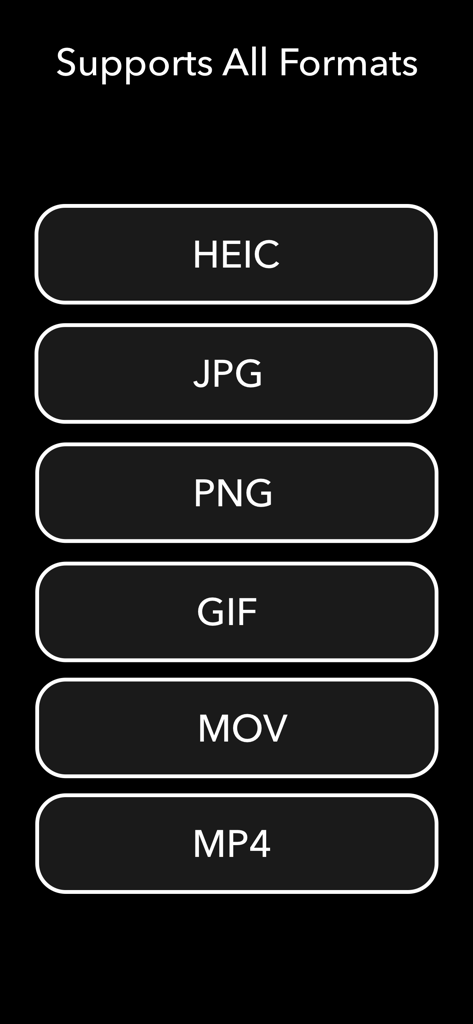 A list showing the supported file formats in the app including HEIC JPG PNG GIF MOV and MP4