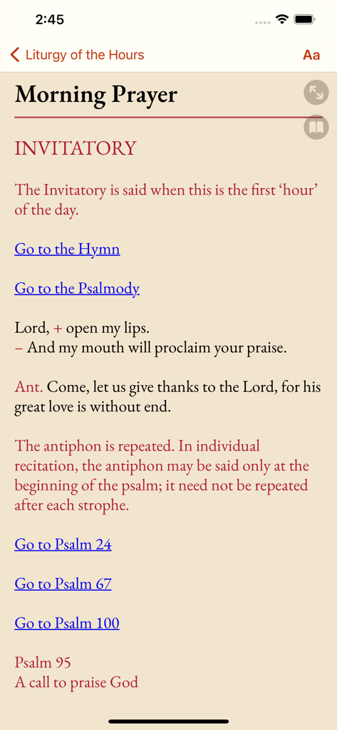 iBreviary TS Plus - Katholischer Morgengebetstext, angezeigt auf der iBreviary App-Oberfläche