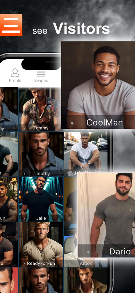 NextBoy - Gay Chats & Dating - La pantalla de visitantes de la aplicación de citas gay NextBoy que muestra una cuadrícula de fotos de perfil.
