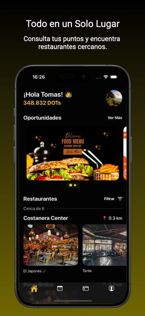 DOT Experience - Interface of DOT Experience app showing user points balance and nearby restaurant deals in Spanish