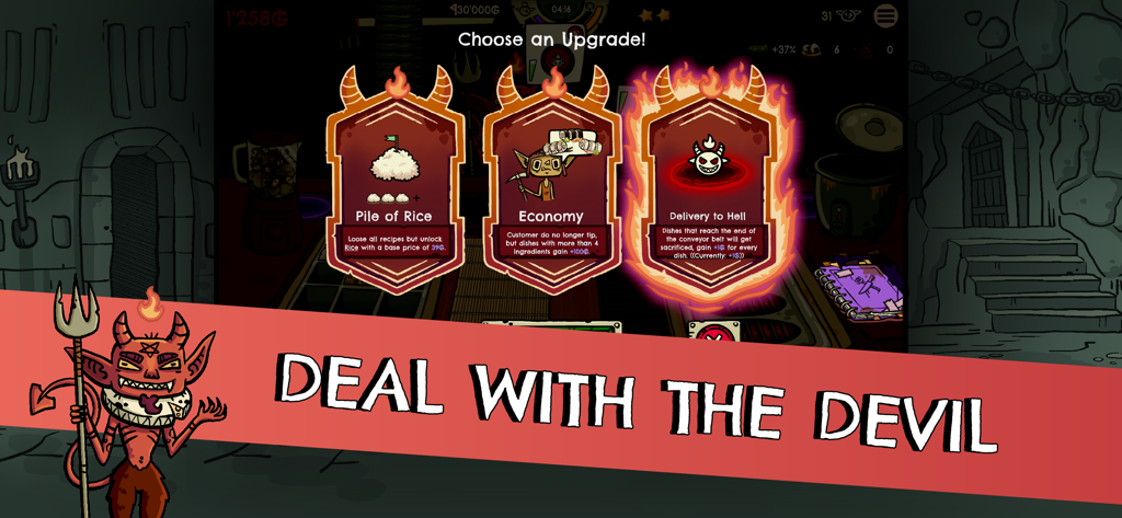 Goblin Sushi - Goblin Sushi game upgrade screen with three card choices and a deal with the devil banner