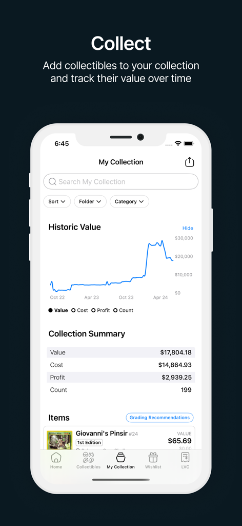 PriceCharting: TCG, Games+ - PriceCharting app collection screen displaying a historical value graph and total profit for collectibles