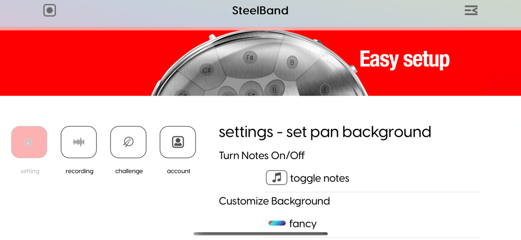 Steelband app settings menu showing options for note toggles and background customization