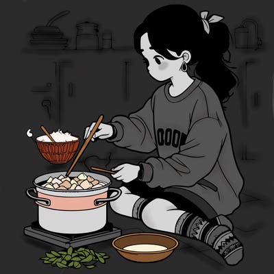 girl with sweatshirt and socks cooking, very realistic