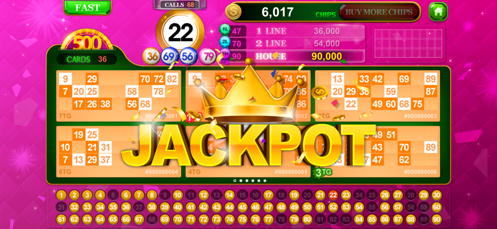 Bingo Solo 90 : 90 Ball Bingo - Tela de vitória de jackpot no Bingo Solo 90 com uma coroa dourada e múltiplas cartelas de bingo