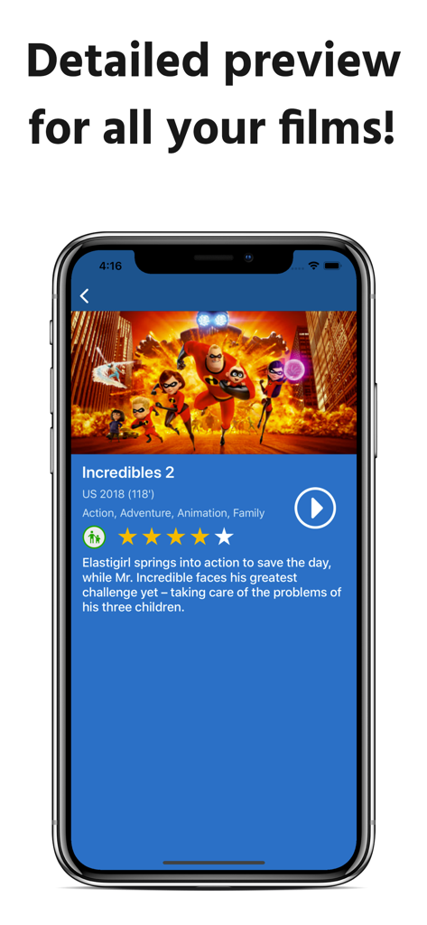 Simple IPTV Playlist - Una captura de pantalla de la aplicación Simple IPTV Playlist que muestra una vista previa detallada de la película Incredibles 2 con sinopsis e información de calificación.