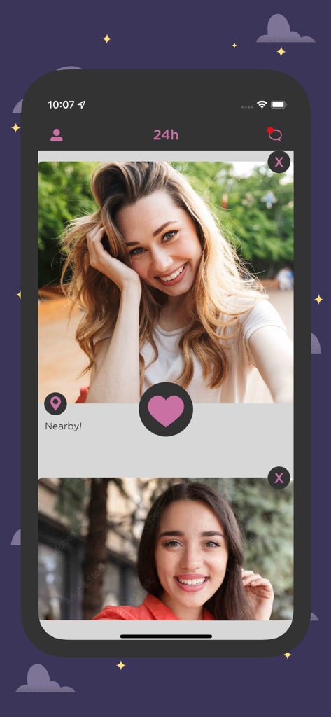 Slyde: Meet, Match & Move on - Uma tela do aplicativo de namoro Slyde mostrando selfies ao vivo de pessoas próximas com um botão de match.
