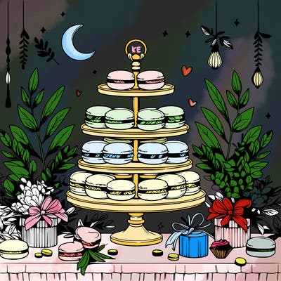 macaron display on a beautiful elegant table with eucalyptus leaves around it and small trinkets