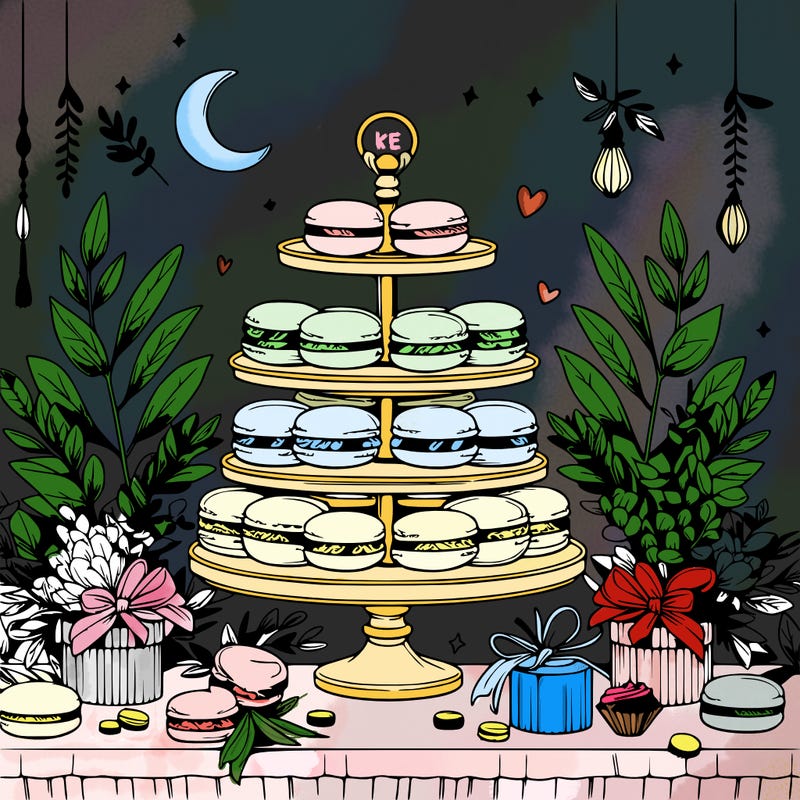 macaron display on a beautiful elegant table with eucalyptus leaves around it and small trinkets