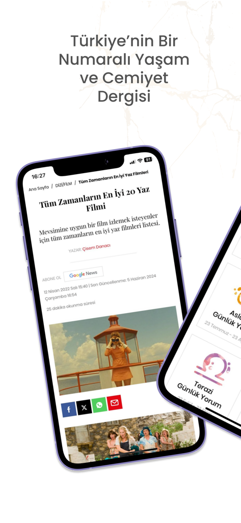 Alem Dergisi - Alem Dergisi mobile app showing a luxury lifestyle article and daily horoscope section