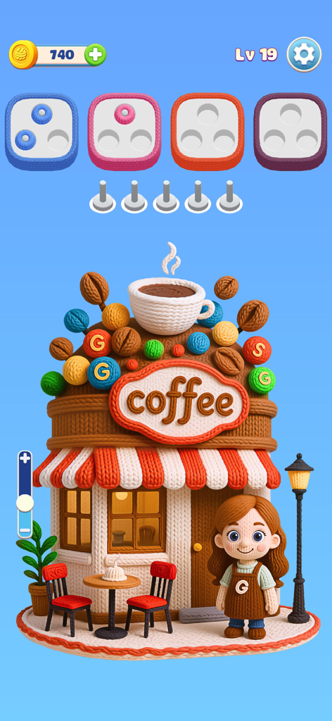 Wool Frenzy - Yarn Match 3D - Uno screenshot di gioco 3D di Wool Frenzy con una caffetteria lavorata a maglia e un puzzle di abbinamento di filati.