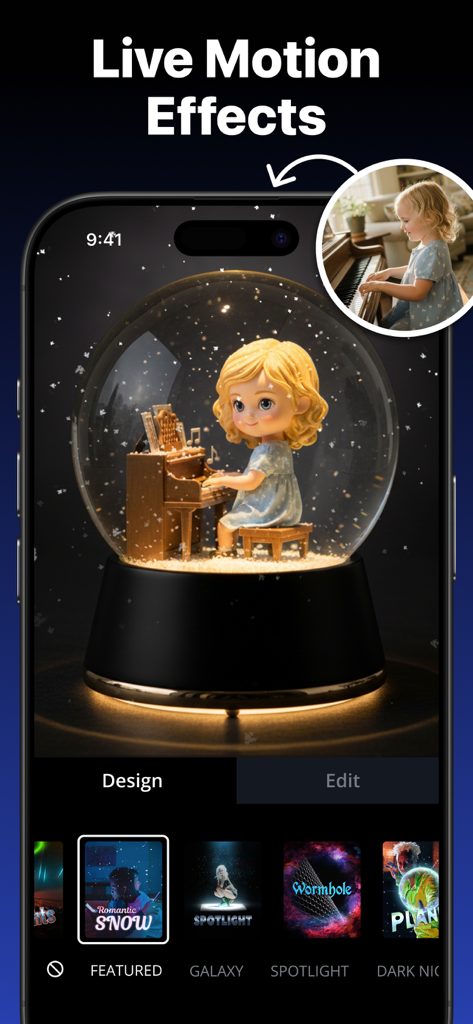 Tenada AI Photo Graphic Design - Tenadaアプリのクリエイティブな編集で、ライブモーションエフェクト付きの雪の結晶の中にピアノを弾いている女の子の3D AIフィギュアが登場。