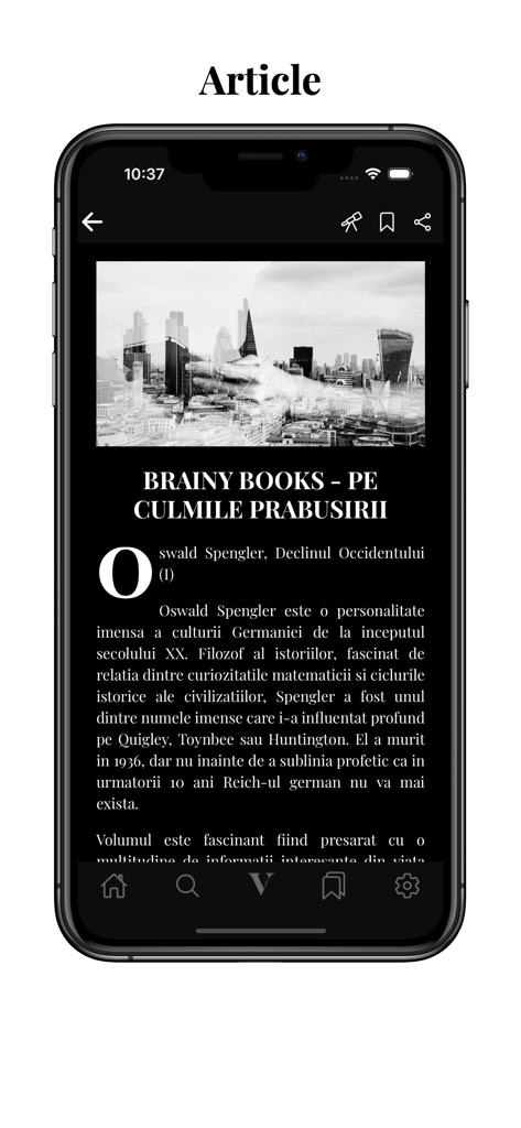 Smartphone screen showing a cultural article titled Brainy Books in the Verdict Dana Budeanu app