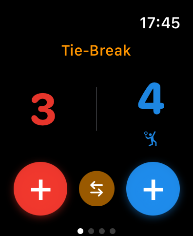 Pantalla de Apple Watch mostrando la aplicación Beach Tennis Point durante un tie-break con un marcador de 3 a 4