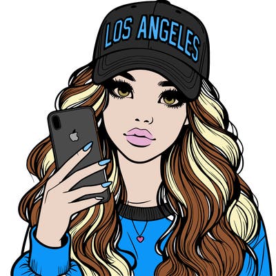 realistic beautiful girl wearing los ángeles cap holding an iphone